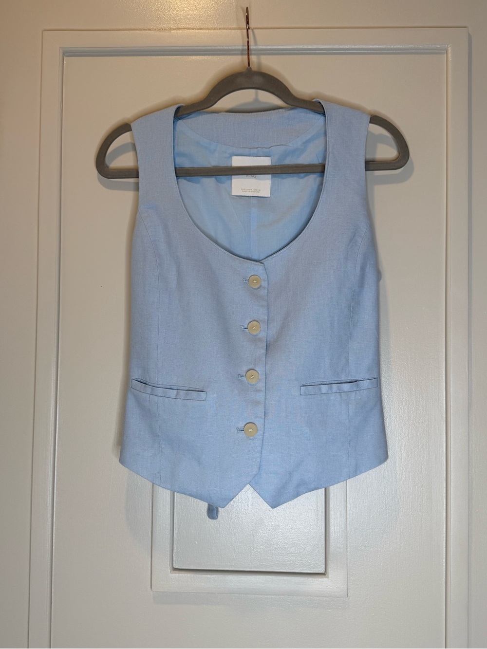 Mango Pale Blue Button-Front Women's linen Vest top